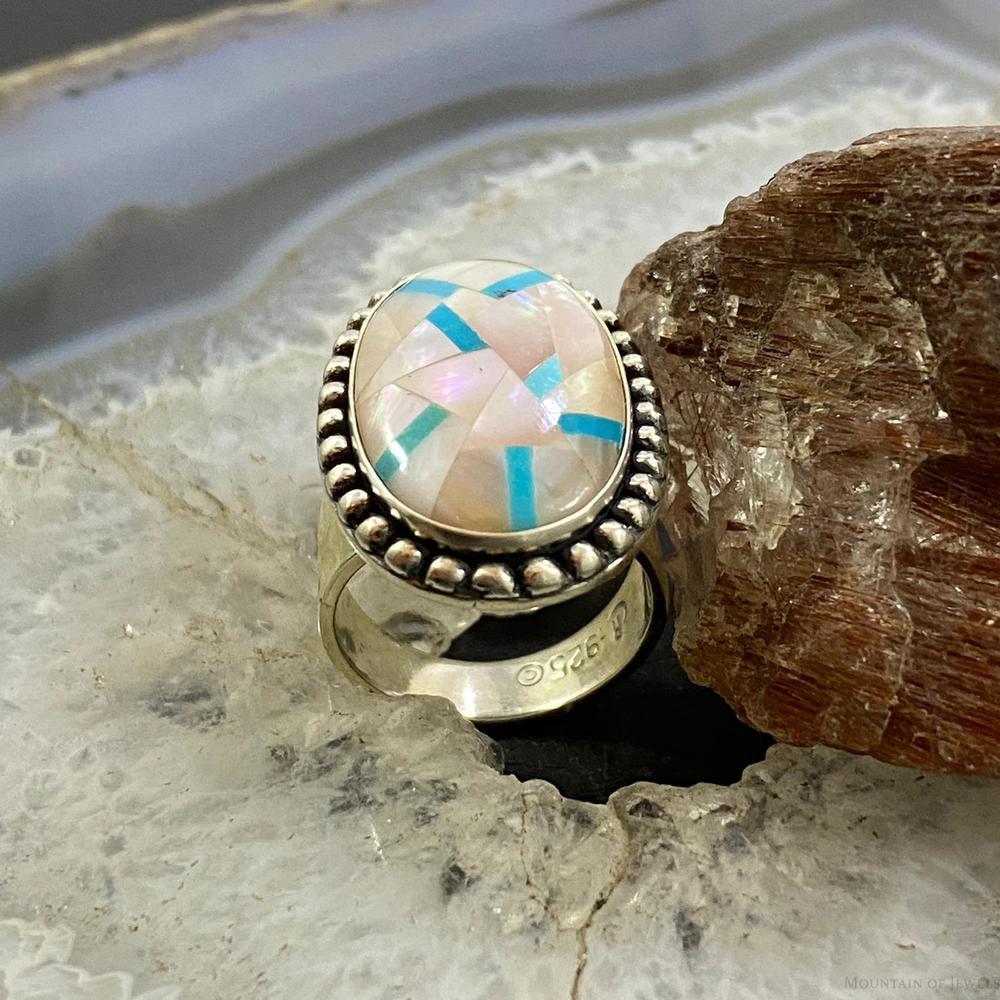 Carolyn Pollack Sterling Oval MOP & Turquoise Inlay Ring For Women Sz Variety - Picture 5 of 10